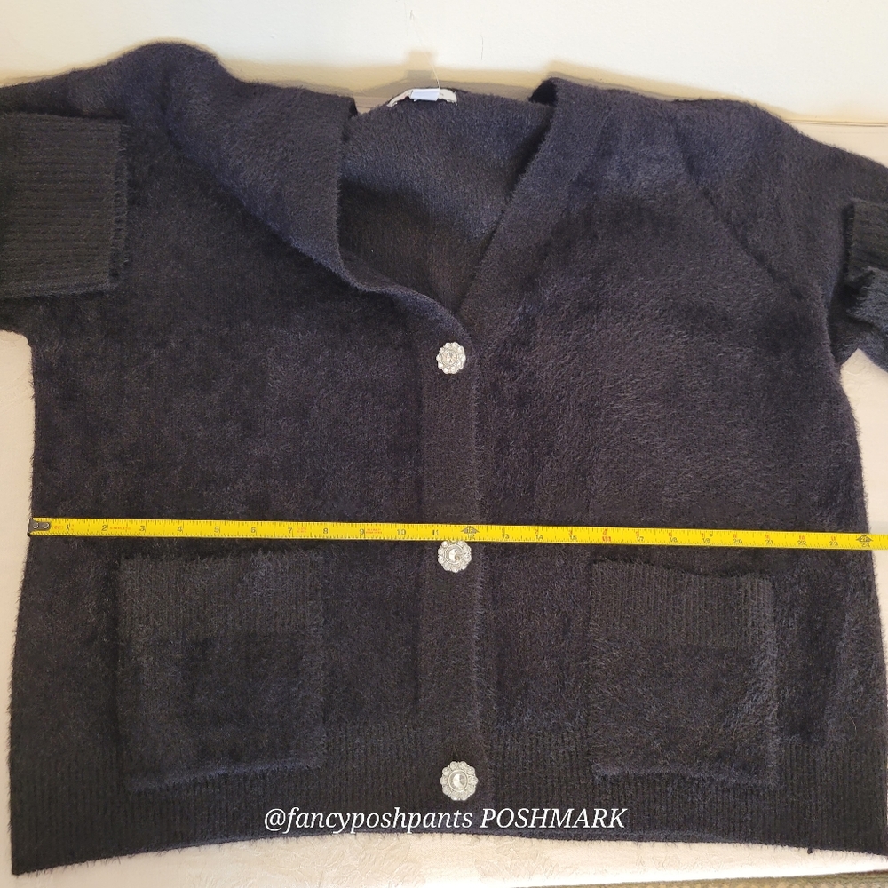 new! Black lux faux mohair boxy Vneck cardigan Liz Claiborne sweater rhinestone - Picture 12 of 17